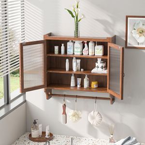 24.8\" Vintage Glass Door Double Door <b>Wall</b> Cabinet with Three Tiers of <b>Storage</b> Towel Rack for Bathroom Kitchen Dining Room - Product Image 4