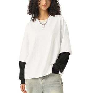 Custom Women Layered T Shirt Heavyweight Cotton Oversized Drop Shoulder <b>White</b> Long Sleeve Streetwear <b>Tee</b> - Product Image 3