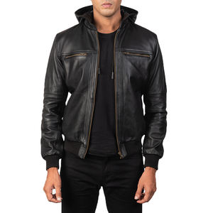 Veste à capuche en cuir véritable noir pour homme, coupe slim, style bomber, fermeture éclair, manteau d'hiver décontracté, fabricant OEM - Product Image 3