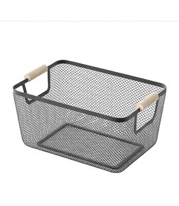 Metal Mesh <b>Storage</b> <b>Basket</b> with Natural Wooden Handles <b>Rectangular</b> Wire Organizer Bin for Kitchen Pantry Bathroom Cabinet Closet - Product Image 1
