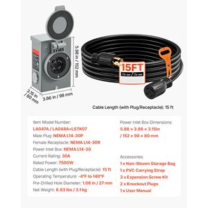 Scatola di Ingresso Alimentazione per Generatore Resistente da 30 Ampere con Cavo di Prolunga di Alimentazione SJTW da 50 Piedi (15 FT) 125/250V NEMA L14 30P L14 30R 10 AWG - Product Image 6
