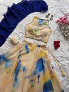 Lehenga Choli Azul Acuarela para Mujer con Dupatta Azul Rey con Volantes para Boda India - Product Image 3