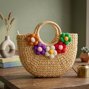 Elegant Handmade Eco-Friendly Water Hyacinth Purse with Beading and Floral Accent Perfect Boho Bag for Summer & Travel - Product Image 1
