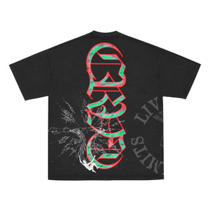 Oversized <b>Men's</b> Black T-Shirt With Red Green Letter Print Back Design Streetwear Style Short Sleeve O-Neck Jersey Fabric - Product Image 1