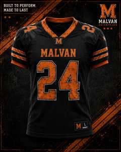 Maillot de football américain personnalisé Malvan Enterprises, unisexe, noir et orange, col baseball, manches courtes, imprimé par transfert thermique - Product Image 1