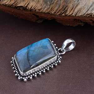 SHYAM JEWELRS Vintage 925 Sterling Silver Labradorite Pendant Necklace Bezel Setting Rectangle Natural Stone Snake <b>Chain</b> Blue - Product Image 5