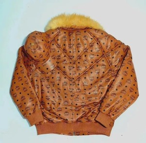 New <b>Men</b>’s MCM Cognac Monogram Handmade Leather Puffer <b>Jacket</b> with <b>Fur</b> Collar & Hat Luxury gift <b>for</b> him - Product Image 3
