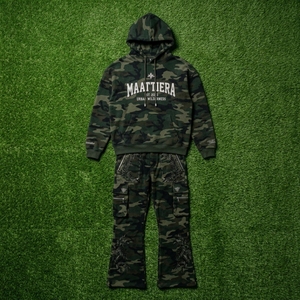 <b>Mens</b> <b>Camo</b> Tracksuit Set Hoodie <b>Cargo</b> Pants Rhinestone Leaf Detail Custom Streetwear Sportswear Matching Outfit - Product Image 6