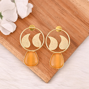 Elegant Yellow <b>Cat's</b> Eye Gemstone <b>Earrings</b> Designer Brass Fashion Jewelry for Women - Product Image 2