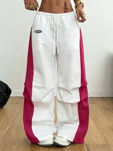 Women's <b>Summer</b> Flat Front Oversized Wide-Leg <b>Pants</b>-White & Pink Color Block Trousers with Drawstring Waist 100% Cotton - Product Image 4