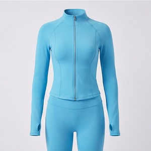 Women's <b>Light</b> <b>Blue</b> 2 Piece Yoga Set <b>Long</b> <b>Sleeve</b> Zip Up Jacket With Thumbholes - Product Image 1