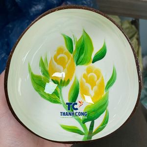 Bol en Coque de Noix de Coco Laquée, Élégant, Peint à la Main, Motif Tulipe Jaune, Blanc, Écologique, Naturel, Souvenir – Vente en Gros - Product Image 1