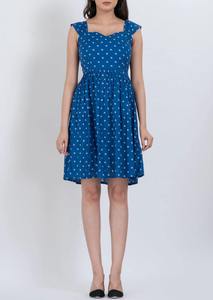 Robe Courte en Coton à Motifs Floraux, Col Cœur, Bleue, pour Femmes, Tendance, Légère, Robe d'Été, Disponible au Meilleur Prix, Exportateur Indien - Product Image 2