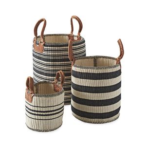 Modern Striped Fabric <b>Storage</b> <b>Basket</b> Set with Leather Handles Handcrafted Cotton Decorative Bin for Home Organization Decor - Product Image 1