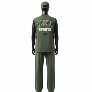 Conjunto de camiseta sin mangas de algodón premium de 200 GSM con panel de rayas elásticas de spandex y leggings verde oliva con logo personalizado para mujer - Product Image 3