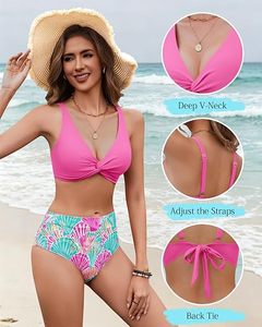 Women's Floral <b>Shell</b> Print Bikini Set High Waist Bandeau Top Crossed Halter Two Piece Stretch Swimwear Regular Fit Front - Product Image 6