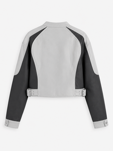 เสื้อแจ็คเก็ตหนังเทียมสีเทา-ดำสำหรับผู้หญิง คอตั้ง แต่งสีตัดกัน ซิปหน้า ทรงเข้ารูป สไตล์ลำลอง แฟชั่นสตรีทแวร์ เสื้อคลุมแฟชั่น - Product Image 3