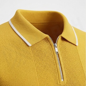Polo en tricot uni pour homme, manches courtes, fermeture éclair, style décontracté, jaune - Product Image 4