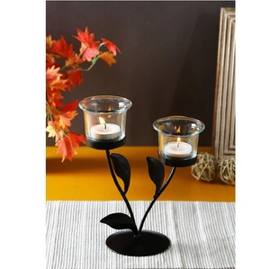 Moddern Iron Tea <b>Light</b> Holder Set of 2 Black Metal Candlestick with <b>Leaf</b> Design for Home Decoration - Product Image 1