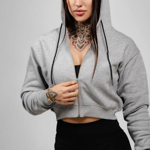 Women's Casual Streetwear Fashion Workout <b>Cropped</b> Hooded Sweatshirts Solid Color Full <b>Zip</b>-<b>Up</b> Long Sleeve Winter Wear Hoodies - Product Image 5