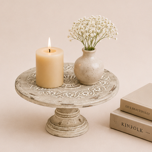 Handcrafted Vintage Distressed Mango Wood <b>Cake</b> <b>Stand</b> With Intricate Floral Carving Rustic Pedestal Dessert Display Riser Decor - Product Image 2