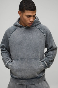 Sudadera con Capucha Personalizada de Invierno, Color Gris Sólido, Manga Raglán, 100% Algodón, Ecológica, Resistente al Viento, Lavado Ácido, con Pedrería, Precio al por Mayor - Product Image 2