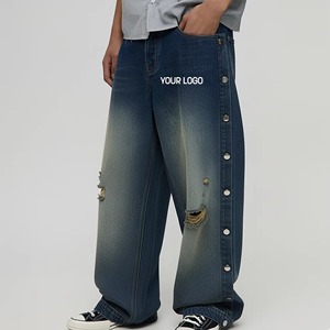 Jeans de Mezclilla Anchos de Algodón de Alta Calidad, Estilo Vintage, Personalizados, Hip Hop, Streetwear, con Botones, para Hombre, Lavado Claro - Product Image 4