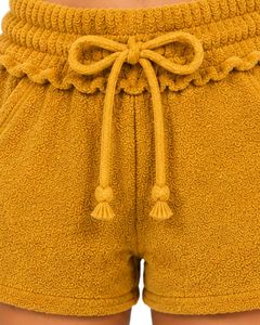 Shorts décontractés pour femmes en coton éponge jaune doré, avec cordon de serrage, taille élastique, poches, confortables pour l'été et la plage - Product Image 5