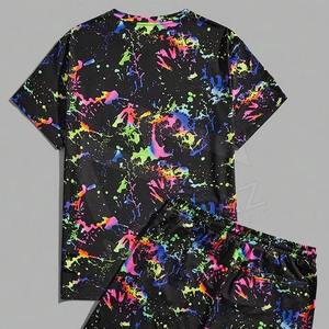 T-shirt à manches courtes pour homme avec motif éclaboussures de peinture colorées noires et short assorti, ensemble 2 pièces, tenue décontractée et sportive - Product Image 6
