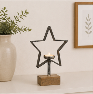 Rustic Metal Star Candle Holder Solid Mango Wood Base Industrial Style Decorative Iron Tealight <b>Stand</b> For Farmhouse Home Decor - Product Image 6