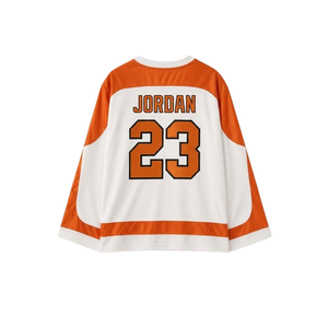 Oversized Orange STREETWEAR <b>Long</b> <b>Sleeve</b> Sport Jersey Men's <b>White</b> Orange Contrast Trim O-Neck Regular Fit Printed Woven Polyester - Product Image 1