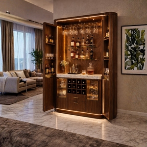 Argmac Velvet Oak Reserve Solid Wood Fluted Glass Flat Panel Doors Durable Eco-Friendly 3-Compartment Wine Cabinet <b>Lights</b> - Product Image 1