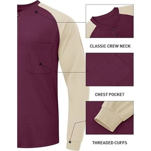 Chemise Henley à manches longues pour homme, violette et respirante, avec poche poitrine, en coton, décontractée, pour l'été - Product Image 6