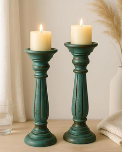 Distressed Wooden Candle Holder Set Decorative <b>Tall</b> Candlestick Stand for Home Living Room Wedding <b>Table</b> Decor - Product Image 5