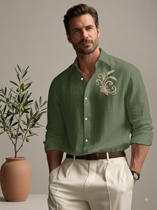 Green Cotton <b>Satin</b> Anti-Wrinkle Long Sleeve <b>Shirt</b> Embroidery Front Turn-down Collar Loose Fit Formal Summer Wear Comfortable - Product Image 1