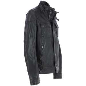 Men's Black Leather Moto Biker Jacket Stand Collar Button Closure Washed Finish Autumn Wear - Product Image 2