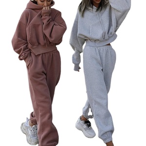 Ensemble 2 pièces décontracté pour femme : Sweat-shirt et pantalon de jogging à épaules tombantes en molleton bouclette 100% coton, couleur unie, coupe classique - Product Image 1