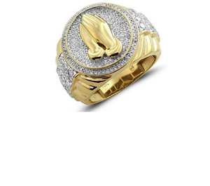 Mens Iced Out Praying Hands <b>Ring</b> 925 <b>Silver</b> 14K Gold Finish VVS Moissanite Hip Hop Pinky <b>Ring</b> Religious <b>Statement</b> Jewelry - Product Image 1