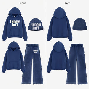 Ensemble sweat à capuche et pantalon de survêtement unisexe en coton 100% personnalisé, style streetwear vintage, coupe ample, 2 pièces, avec fermeture éclair, effet vieilli, délavé à l'acide et strass - Product Image 2