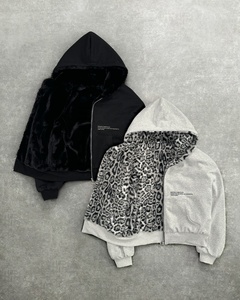Reversible Heavyweight Zip Up Hoodie Faux Fur Leopard Print Grey Fleece Jacket Cross Zipper <b>Puller</b> Minimalist Chest Text Hoodie - Product Image 1