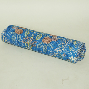 Blue Floral Kantha <b>Quilt</b> Hand Embroidered Cotton <b>Bedspread</b> Reversible Printed Cover for Home Hotel - Product Image 5