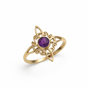 Bague en laiton avec améthyste facettée ronde, bague statement faite à la main, design floral marin, style glamour, bijoux pour femmes - Product Image 1