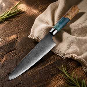 Couteau de Chef Personnalisé en Acier Damas avec Manche en Bois d'Olivier, Couteau de Cuisine avec Étui en Cuir, Fait Main, Tranchant pour Viande et Légumes - Product Image 6