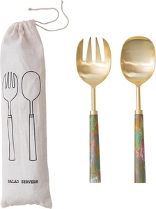 Elegante Juego de Servidores de Ensalada de Acero Inoxidable con Mangos de Resina Marmoleada, Impresionante Combinación Verde y Blanca, Ecológico - Product Image 3