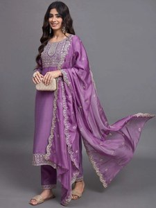 Purple Silk <b>Kurta</b> Pant Set with Embroidery Work and Dupatta for Women Traditional <b>Indian</b> Pakistani Wear - Product Image 2