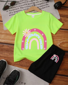 Girls 2-Piece Rainbow Print Set Short Sleeve Top with Black Shorts Summer Outfit Polyester/Cotton Breathable - Product Image 3