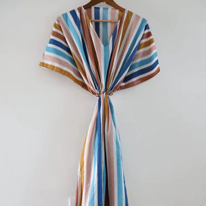 Boho Multicolor Striped Cotton <b>Kaftan</b> <b>Dress</b> Summer Lounge Maxi Caftan - Product Image 1