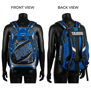 Mochila Premium de Tela de Poliéster 600D de 280 GSM para Animadoras, Diseño de Paneles Azul y Negro, Logotipo Bordado Personalizado - Product Image 1