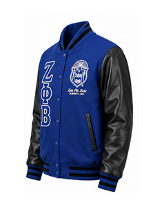 เสื้อแจ็คเก็ตวาร์ซิตี้น้ำหนักเบาเป็นมิตรกับสิ่งแวดล้อม Zeta Phi Beta สีน้ำเงิน แขนผ้าซาติน ปักโลโก้ด้านหน้า คอตั้ง สำหรับผู้หญิง - Product Image 3