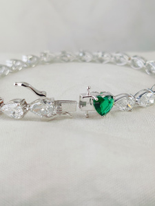 Pear Cut Diamond White <b>Gold</b> <b>Bracelet</b> with Green Heart Cut Diamond Lock <b>Charm</b> | Luxury Tennis <b>Bracelet</b> | Wedding Anniversary Gift - Product Image 3